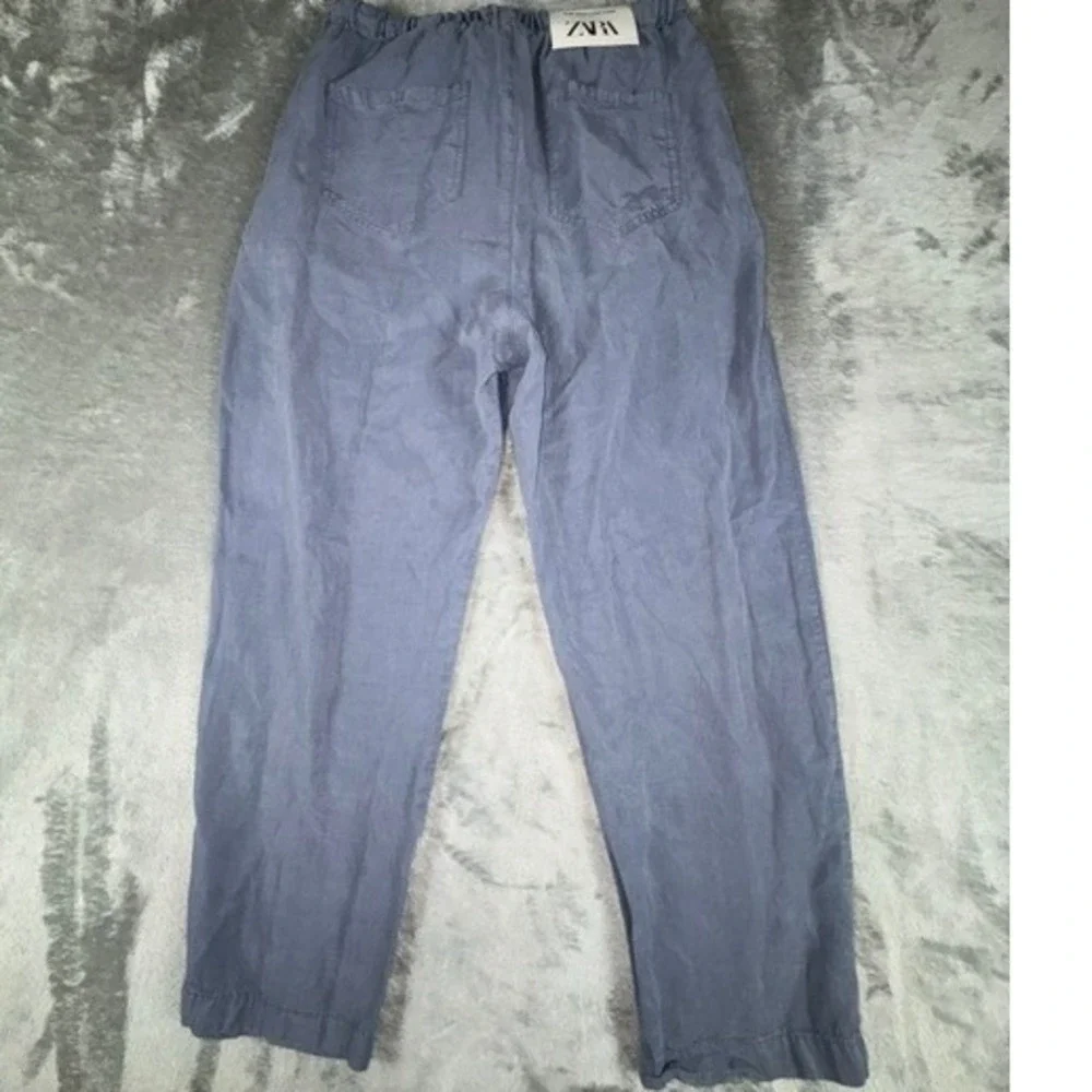 Zara‎ Pants Women S Blue Linen Blend Relaxed Drawstring Straight Leg NWT